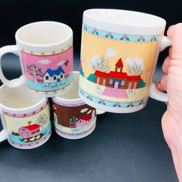 80s Country Cottage Stoneware Coffee Mugs Set of 4 Teachercore Drinkware - Picture 8 of 10